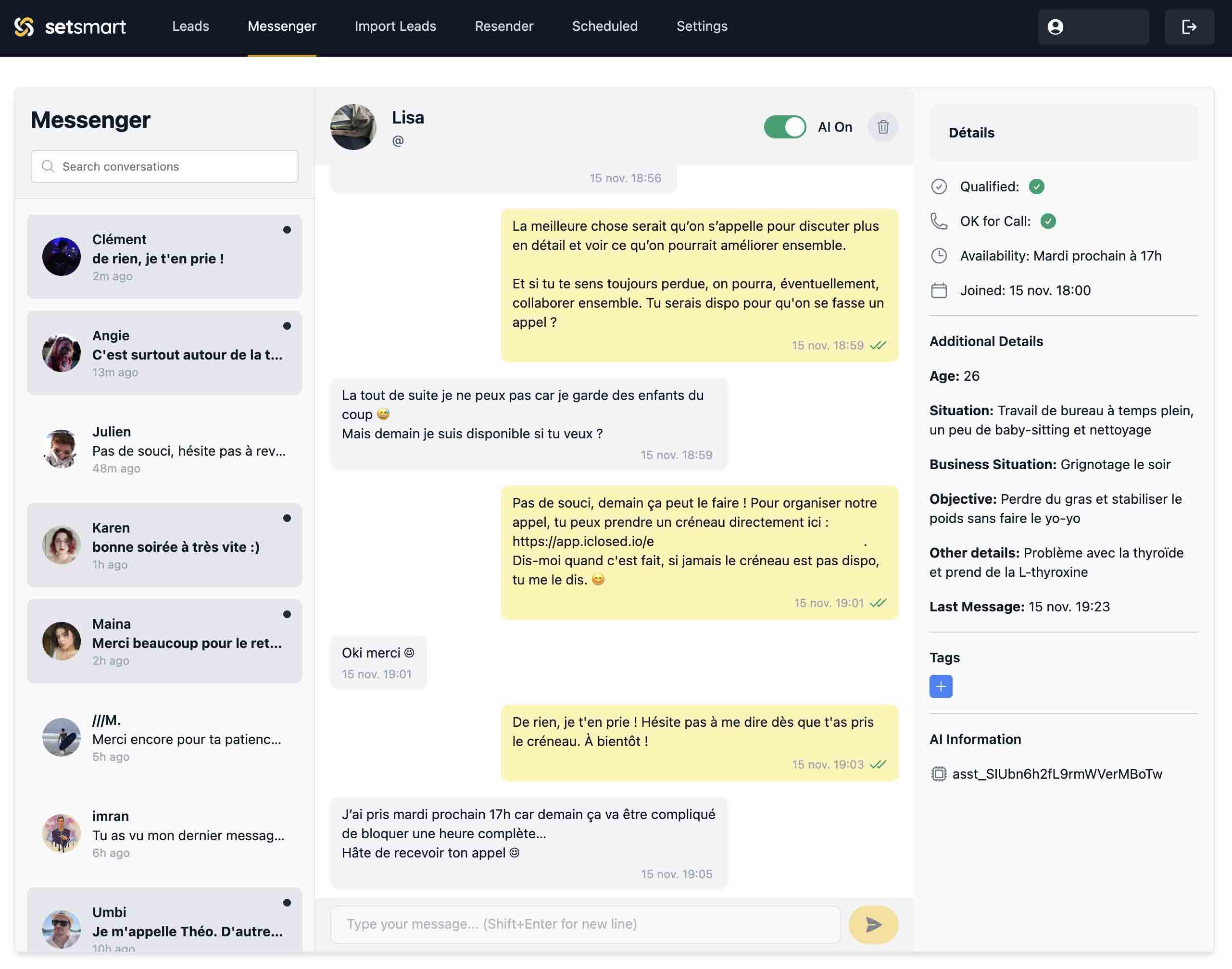 Exemple de conversation par IA sur l'application SetSmart